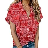 HOTOUCH Linen Shirts for Women Button Down Short Sleeve Tops Cotton Blouses Collared Button-up Beach Vacation Outfits
