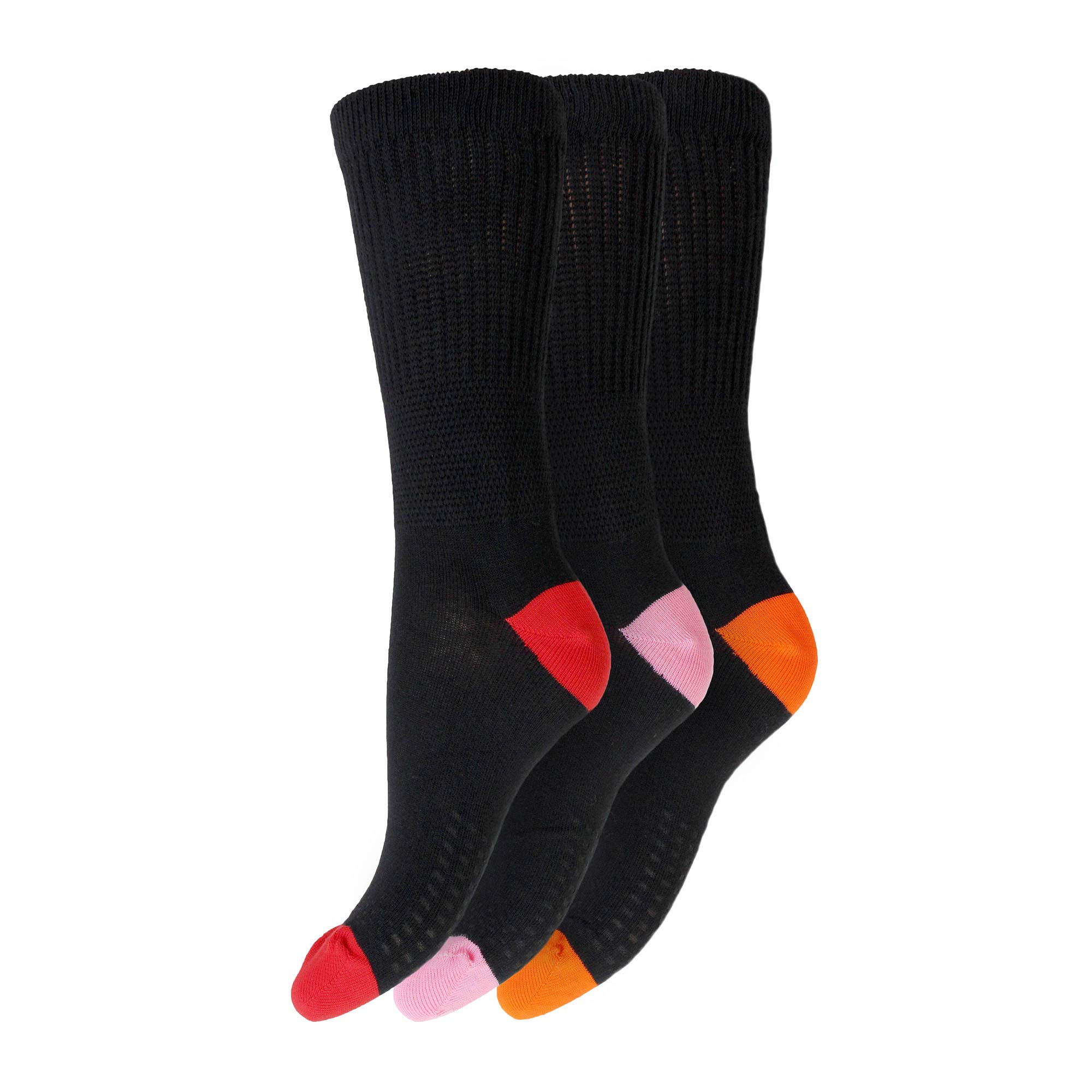 Ladies Non Elastic Diabetic Socks 4-8 Hand Linked Toe Seam 80% Cotton Soft Extra Wide Top Grip (Pack of 3) (4-8, Assorted) (Colour Heel and Toe)