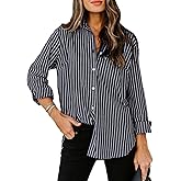 Aoudery Womens Button Down Shirts Cotton Striped Dress Shirt Long Sleeve Collared Office Work Pinstripes Blouses Tops
