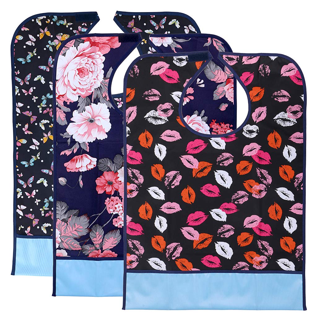 BTSKY 3Pcs Waterproof Reusable Adult Bibs - Washable Mealtime Protector Bib Clothing Protector with Crumb Catcher (Flower+Lip+Butterfly)