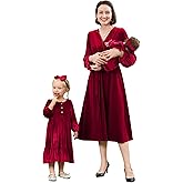 AWIBMK Mommy and Me Christmas Dresses Long Sleeve Velvet Dress Fall Winter Xmas Holiday Mom Daughter Matching Outfits