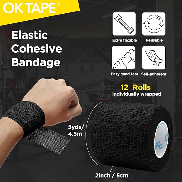 OK TAPE 12 ROLLS SELF ADHESIVE BANDAGE WRAP, ELASTIC ATHLETIC TAPE, SELF STICK BANDAGE TAPE, VET WRAP, MEDICAL WRAP FOR WRIST, FEET, 2″ X 5 YARDS – BLACK