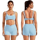 ABOCIW Workout Sets for Women 2 Piece Twist Back Layered Sports Bra Mini Shorts Yoga Pilates Outfits Active Wear