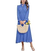 Women's 2024 Fall Midi Dress Casual Long Sleeve Swiss Dot Pleated A Line Flowy Cocktail Dresses Wedding Guest Dress