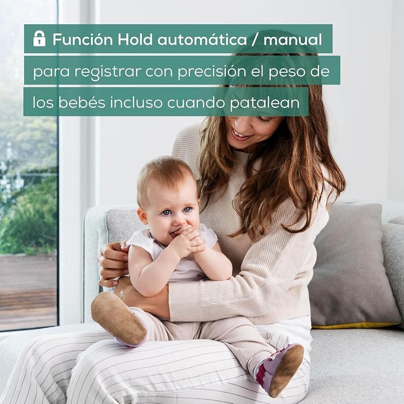 BY 90 Báscula para bebés con aplicación (iOS + Android) cinta métrica integrada, capacidad de carga de 20 kg y función de retención para bebés que dan patadas