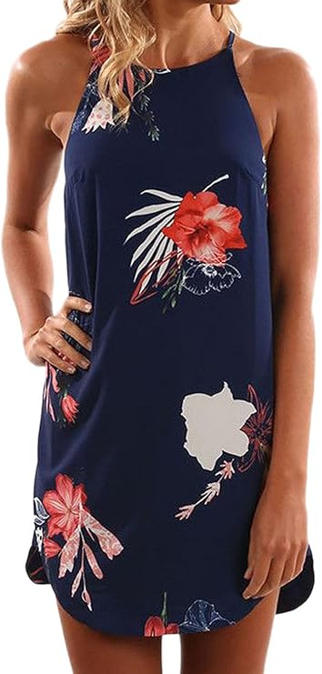 Asvivid Womens Halter Palm Leaf Printed Sleeveless Fashion 2020 Ladies Vacation Chiffon Beach Mini Casual Dress Large Red Flower best women's sundresses
