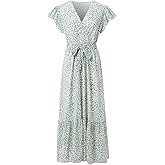 Alessia Cara Women’s V Neck Dress Short Sleeve Printed Tie Ruffle Casual Maxi Dresses (Large, Green)