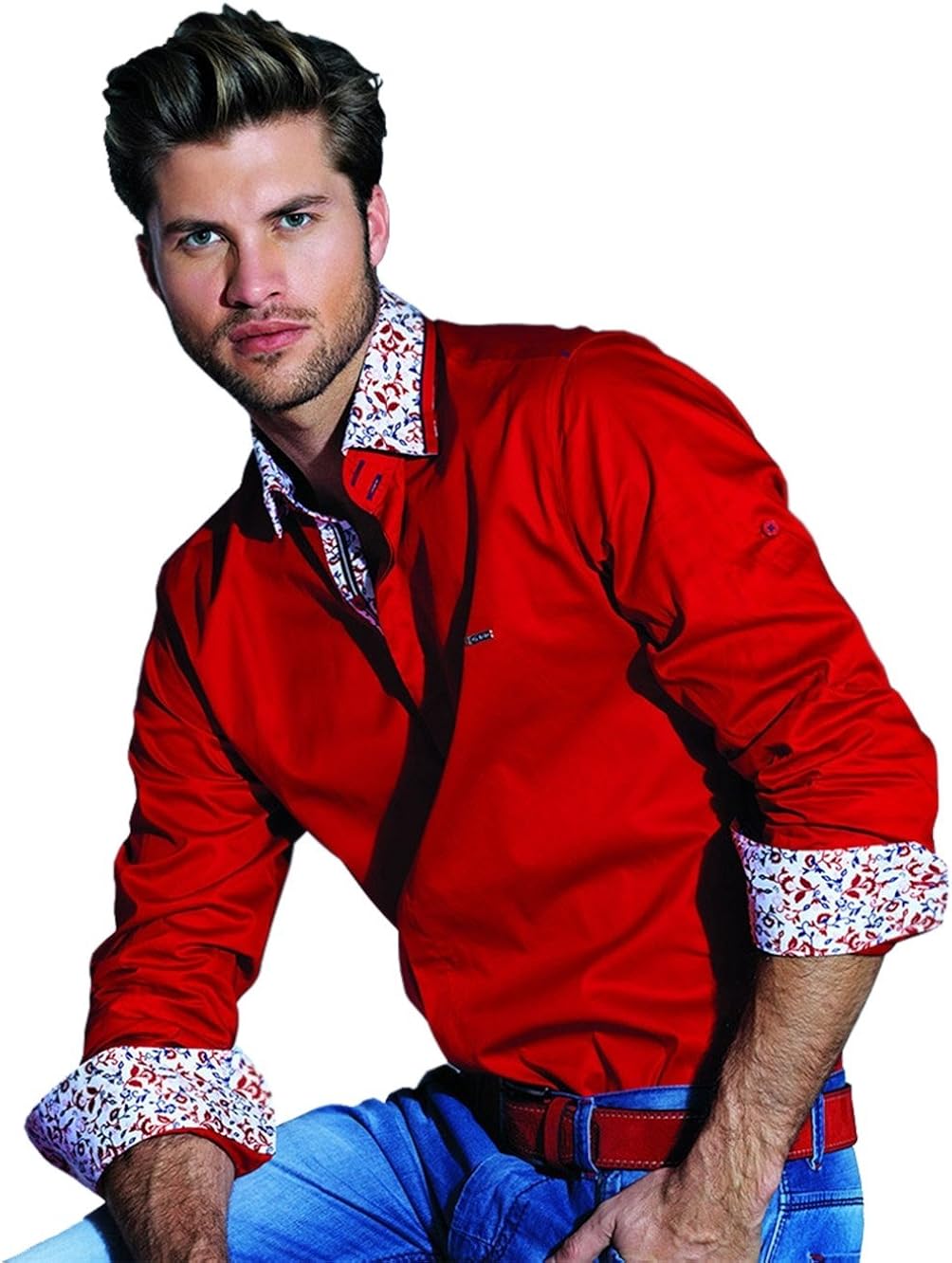 red dress shirt with jeans