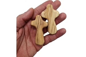 Zuluf Two Small Olive Wood Crosses Pocket Holding Comfort Crosses | Handheld Comforting Design for Clutching, Clinging and With Two Holy Land Certificates 6cm / 2.5 Inch Each Cross - CRS094