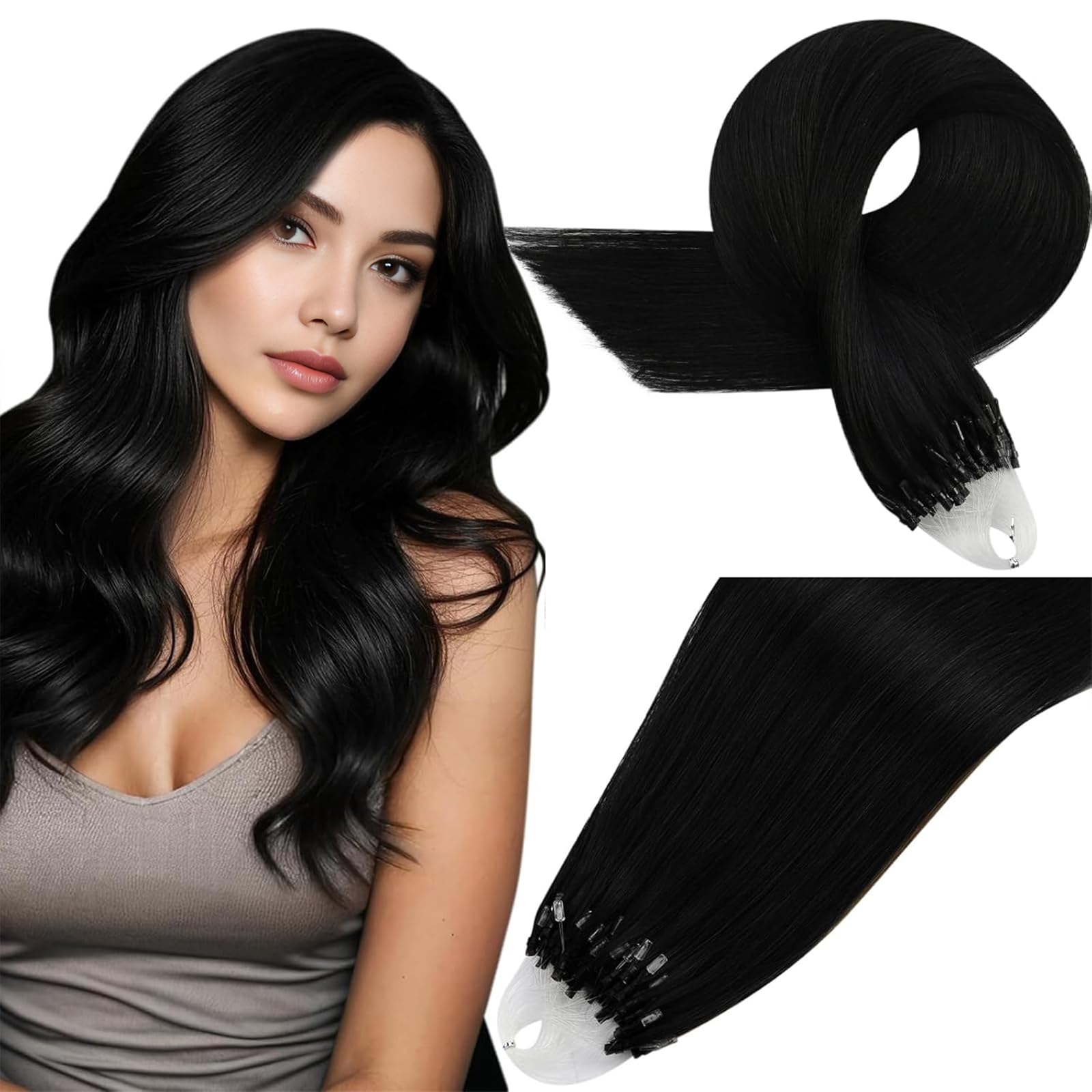 Easyouth Micro Loop Hair Extensions Black Micro Hair Extensions Human Hair Jet Black Micro Beads Hair Extension Soft Straight Hair Extension Natural Look 20 Inch 50g 50s — image 1