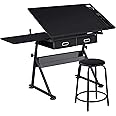 Yaheetech Drafting Table for Artists, Height Adjustable Drawing Desk Art/Craft Desk Diamond Paintings Work Station w/ 2 Storage Drawers and Stool for Home Office School, Black