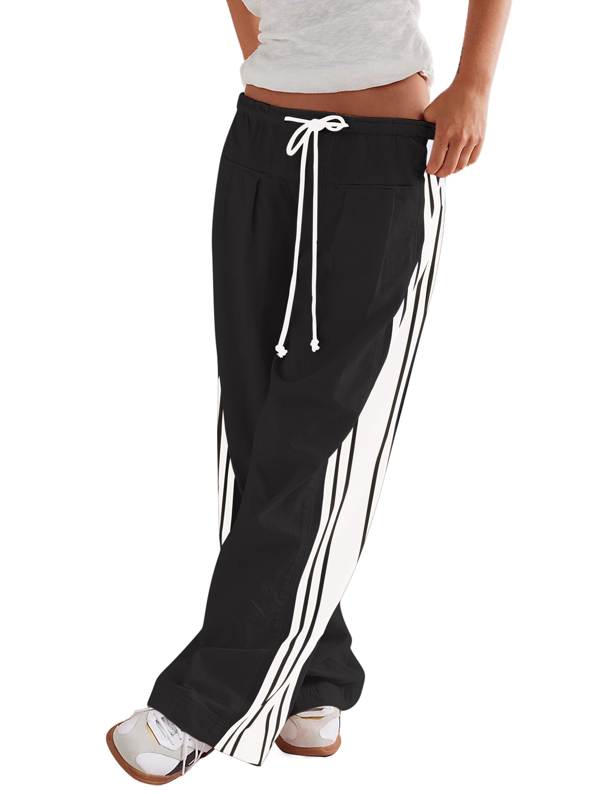 Photo 1 of Womens Hudson Canyon Pants Side Striped Wide Leg Sweatpants Drawstring Waist High Rise Pant Baggy Casual Trousers with Pockets