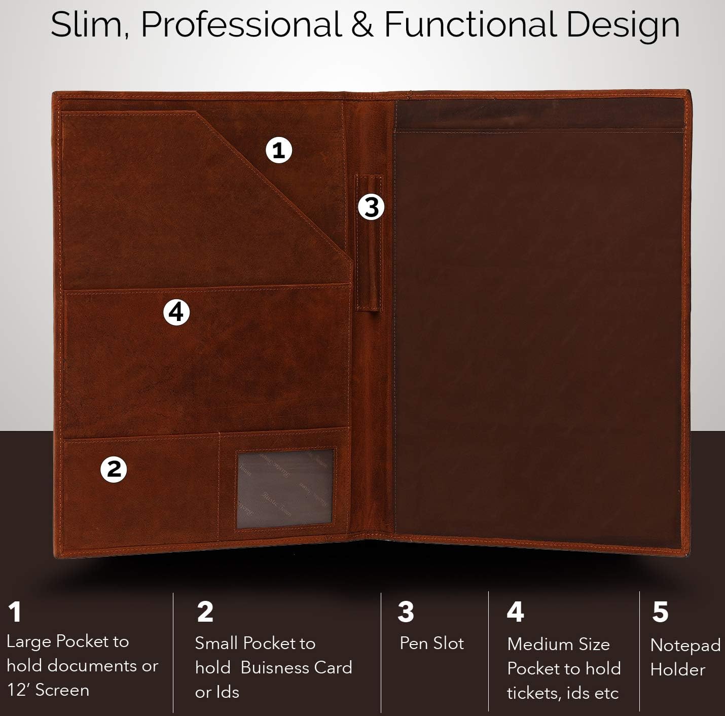 Leather Business Portfolio by Rustic Town, Brown, Large - Image 4