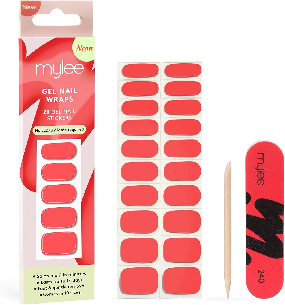 Mylee Be Yourself Gel Nail Wraps 20 Pre-Cured Neon Coral Stickers