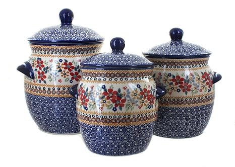 Amazon Com Blue Rose Polish Pottery Red Daisy 3 Piece Canister