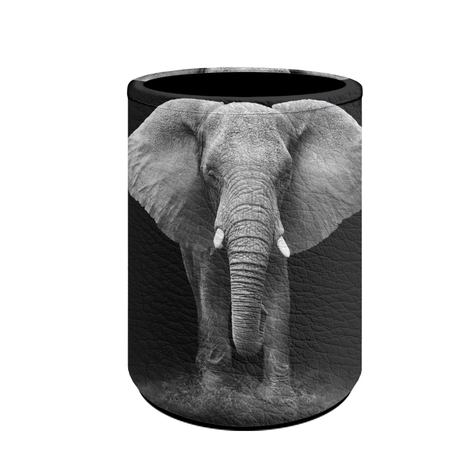 Kuiaobaty Elepant Design Round Pu Leather Pencil Holder Black Pen Pot Desk Organizer for School Office Supplies