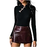 SOLY HUX Women's Long Sleeve Cheongsam Top Mock Neck Slim Fitted T Shirt Fall Going Out Tops