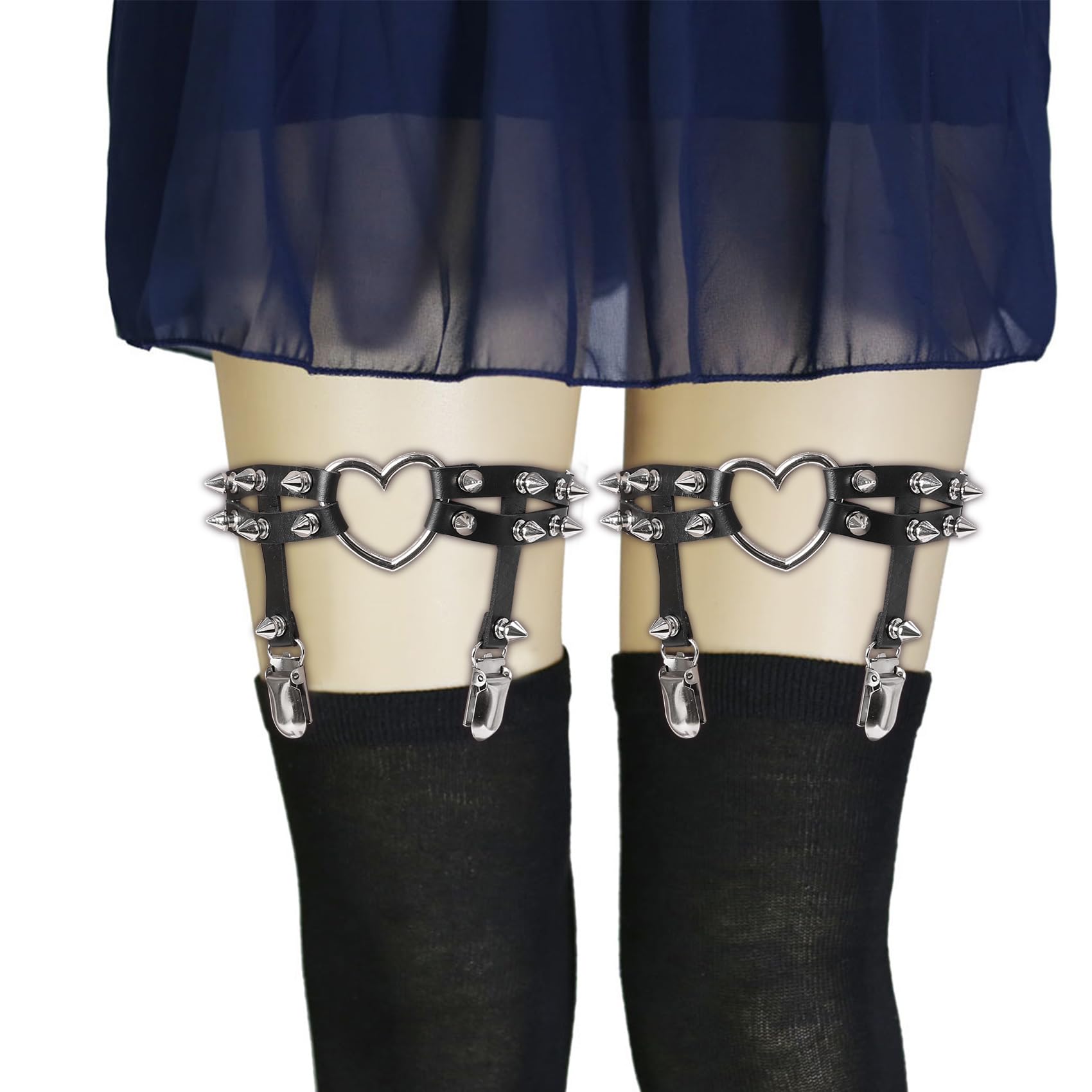 alisikee alisikee 2PCs Adjustable Heart Leg Garter with Anti-Slip Clips, Elastic Studded Thigh Garter for Halloween Parties Cosplay