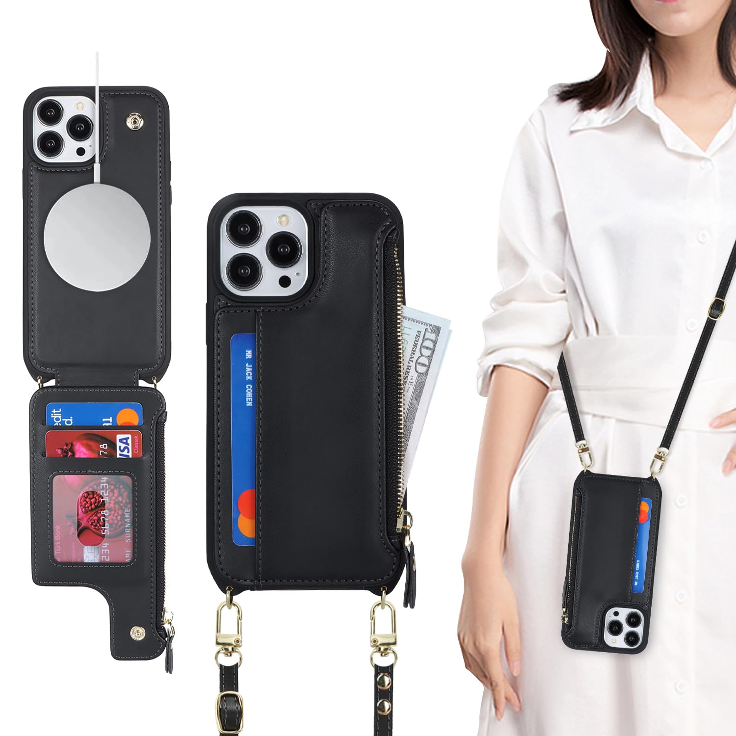 SailorTech for iPhone 13 Pro Max Case with Credit Card Holder magsafe, iPhone 13 Pro Max Phone Leather Case Wallet for Men Crossbody with mag safe Zipper Shockproof Case for Women - Black — image 1
