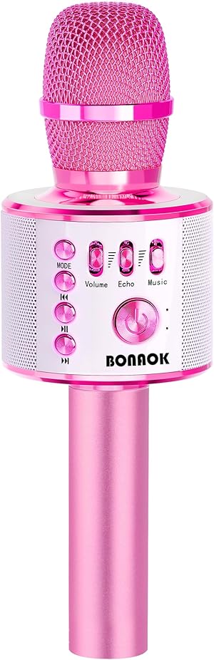 BONAOK Karaoke-Mikrofon - 3-in-1 Kabelloser Bluetooth-Mikrofon-Lautsprecher für Kinder & Zuhause, kompatibel mit Android-Geräten (Hellrosa)
