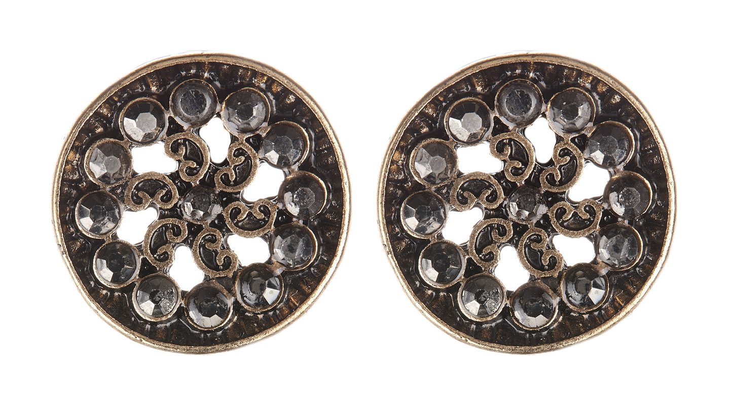 Antique Gold Plated Clip On Stud Earrings With Black Enamel And Crystals - Dacey