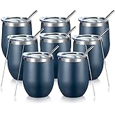 COMOOO 12oz Stainless Steel Wine Tumbler with Lid and Straw Double Wall Vacuum Insulated Wine Tumbler Cup Stemless for Hot and Cold Drinks, Coffee, Wine, Cocktails Navy, 8 Pack