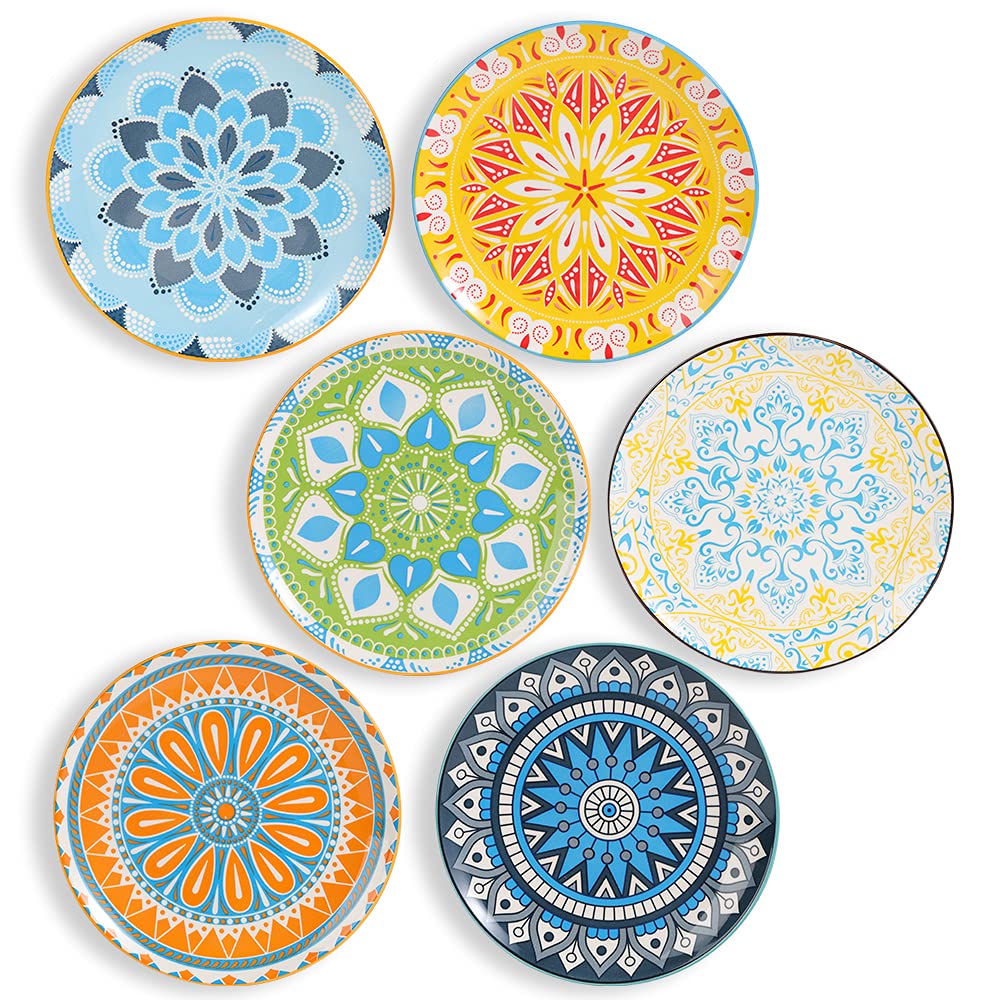 Plate Set 8 Inch - Salad Plates | Dessert Appetizer Plates Colorful - Porcelain Lunch Plates - Set of 6 - Dishwasher and Microwave Safe
