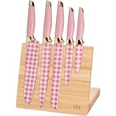 Paris Hilton Knife Set with Magnetic Block, Stainless Steel Blades with Gingham Design, Sleek Ergonomic Handles with Gold Accents, 6-Piece, Pink