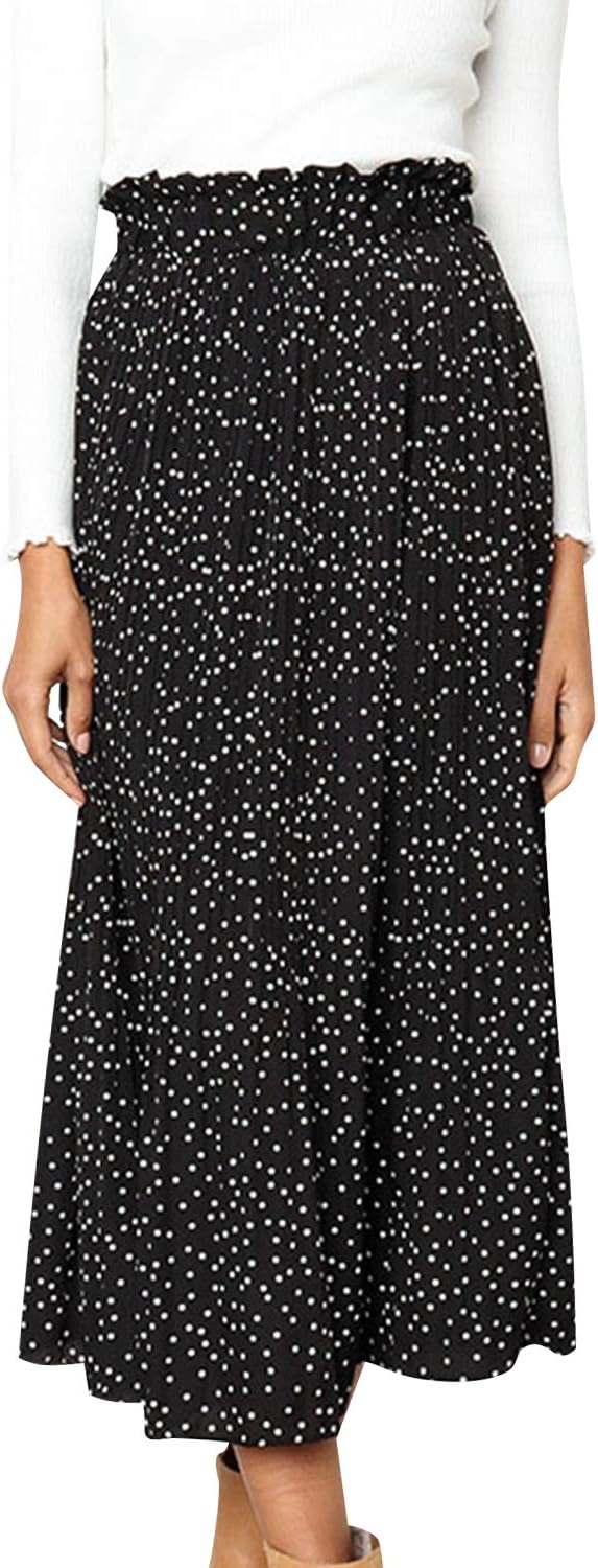 Fashiomo Women's High Waist Polka Dot Ruffle Midi Skirt Pleated Elastic Waist Skirt