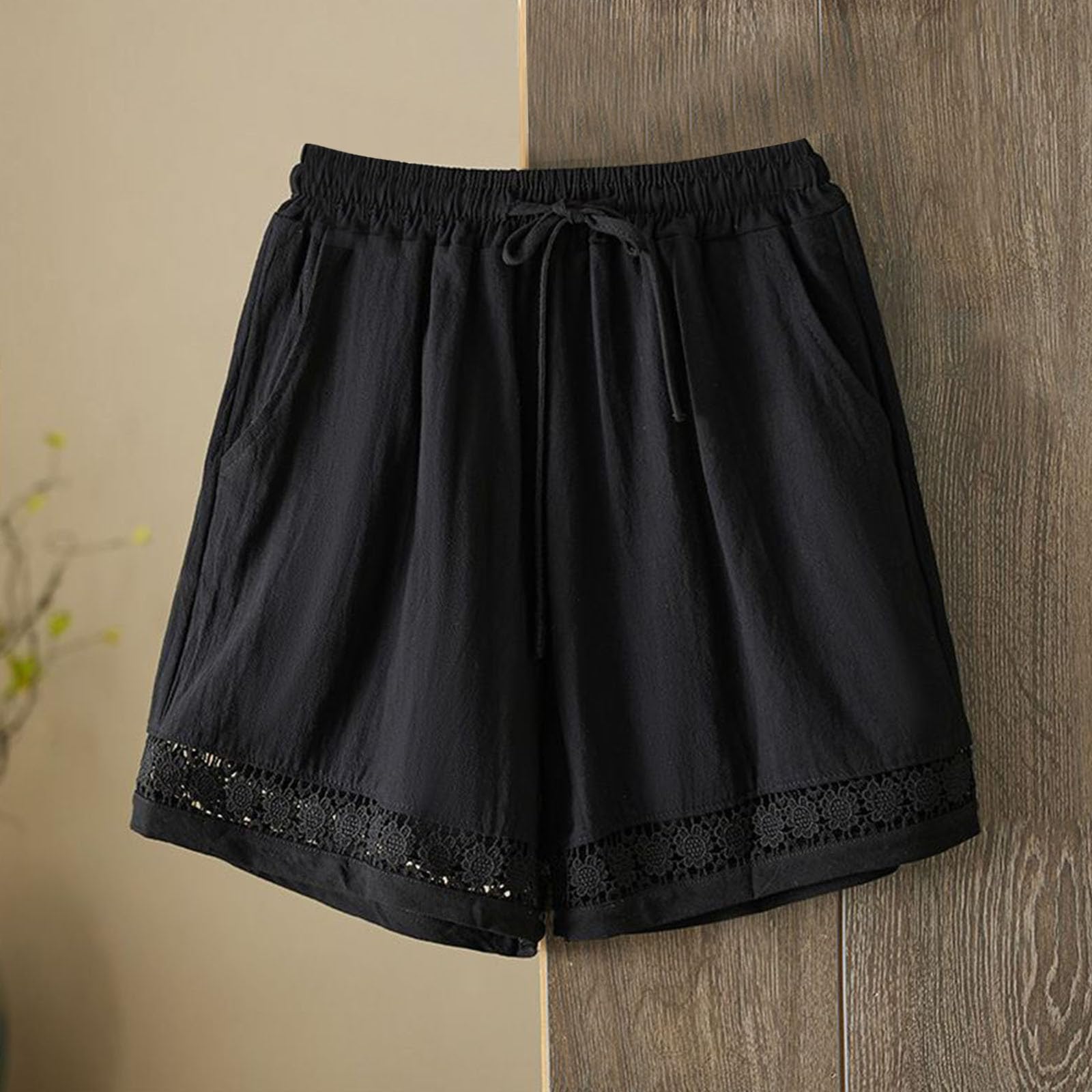 Womens Linen Shorts UK 2026 Fashion Lace Elastic Waist Comfy Shorts Ladies Drawstring Short Pants with Pockets Elastic Waist Beach Bottoms Comfortable Pajama Boxer Sleepwear Tummy Control Short Pants