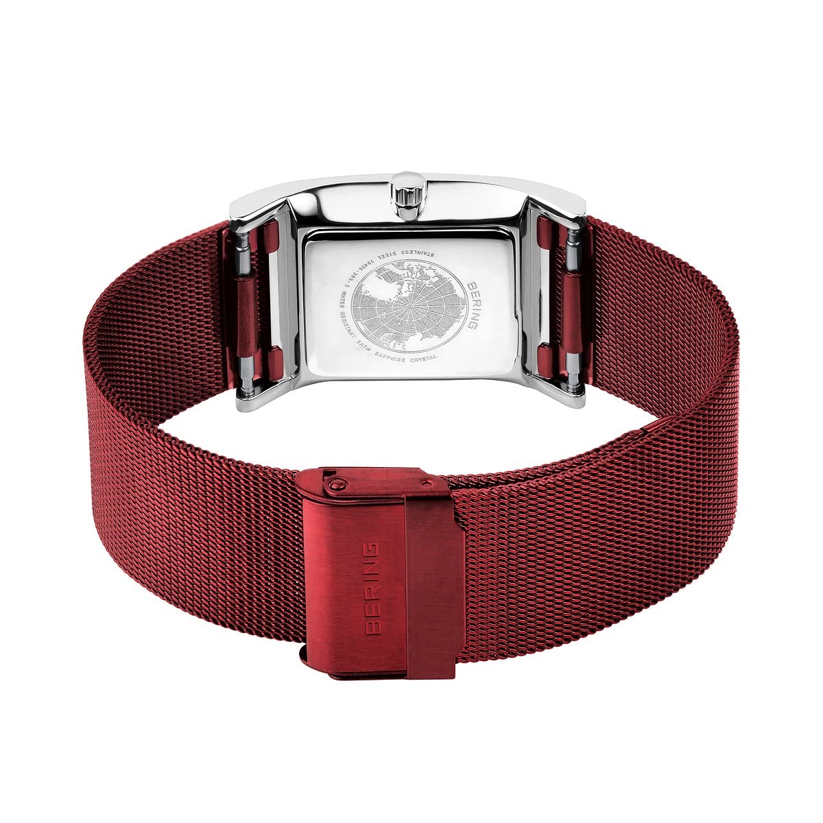 BERING Damen Quarz Uhr | Armbanduhr 26 mm silbernes Edelstahlgehäuse und rotes Zifferblatt | Milanaisearmband | Saphierglas | 5 ATM | 10426-303-S
