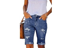 Necooer Women Jean Shorts Ripped Casual Summer Mid Waist Stretchy Five Points Denim Jean Shorts