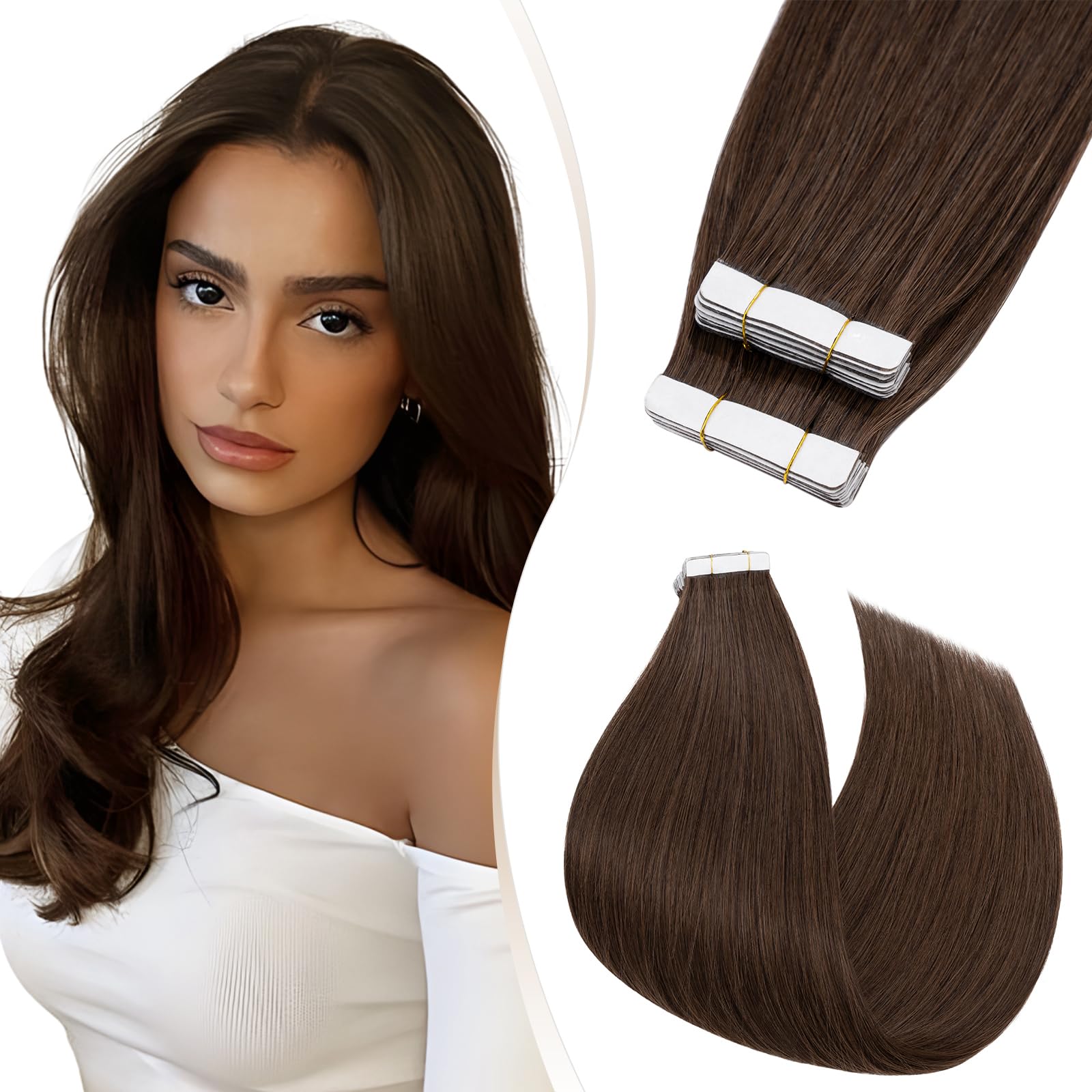 Elailite Tape in Extensions Human Hair 40 Pcs Thin Type (1.5g/pcs) - Skin Weft Real Remy Hair Extension (#4 Medium Brown, 12 Inch)