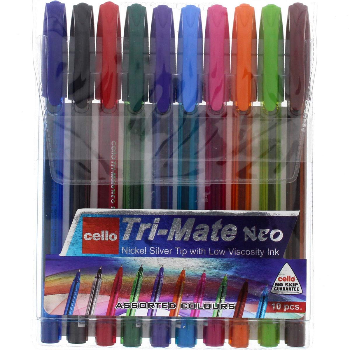 Cello Ballpoint Pens, Tri-Mate Medium Point Biros Multipack Pens | 1.0mm Ball Point Black Ink Pens for Writing Ideal for Stationery Supplies and School Supplies Pack of 10 (Multicolour)