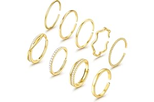 Jstyle Gold Stackable Rings for Women Non Tarnish Open Adjustable Rings Cubic Zirconia Thin Thumb Silver Ring Set 14K Gold Filled Pinky Knuckle Stacking Set - Dainty Statement Promise Band Ring Sets