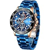 MEGALITH Mens Watches with Stainless Steel Waterproof Analog Quartz Fashion Business Blue Chronograph Watch for Men, Auto Date