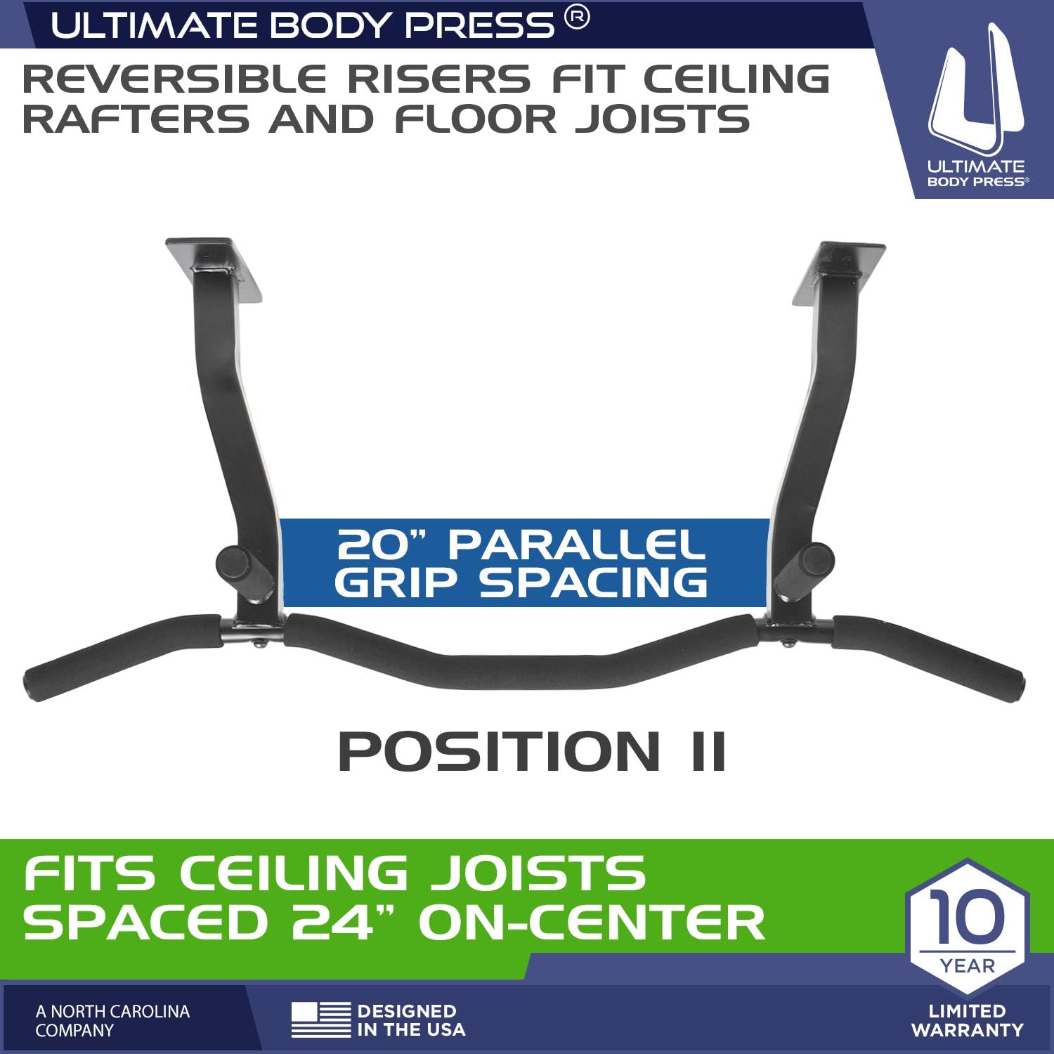 Ultimate Body Press Ceiling Mounted Pull Up Bar with Patented Reversible Risers for 16 and 24 Inch Joists : Sports & Outdoors