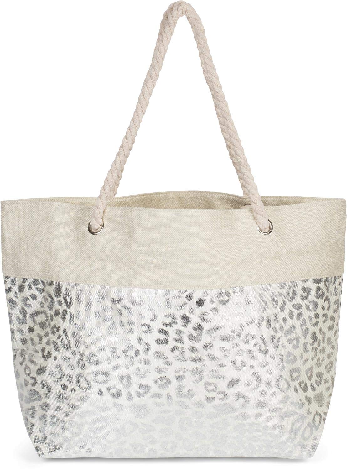 styleBREAKER women XXL beach bag with metallic leopard animal print and zip, shoulder bag, shopping bag 02012282, Colour:Beige-Silver