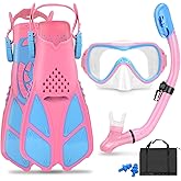 Kids Snorkel Set Mask Fins-Panoramic Snorkel Mask+Dry Top Snorkel+Adjustable Swim Fins+Mesh Bag+Earplugs for Boys Girls, Junior Snorkeling Gear for Kids Ages 5-14