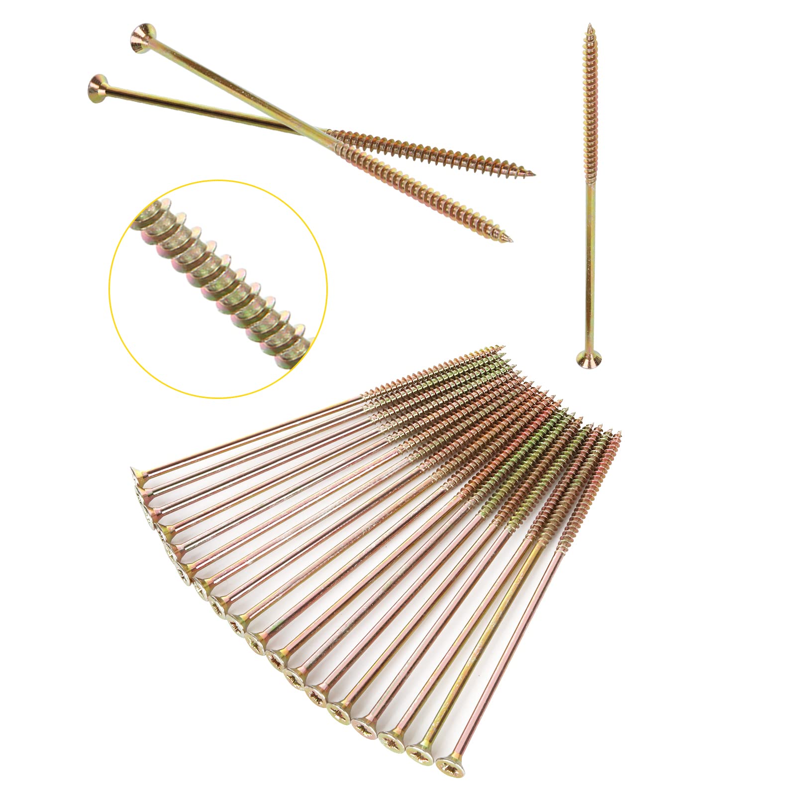 SENENQU 100PCS M6 x 180mm Long Wood Screws, Flat Modified Truss Head Wood Screws, Galvanized Steel Self Tapping Screws, Multipurpose Pozi Screws - Countersunk Head | Zinc Yellow