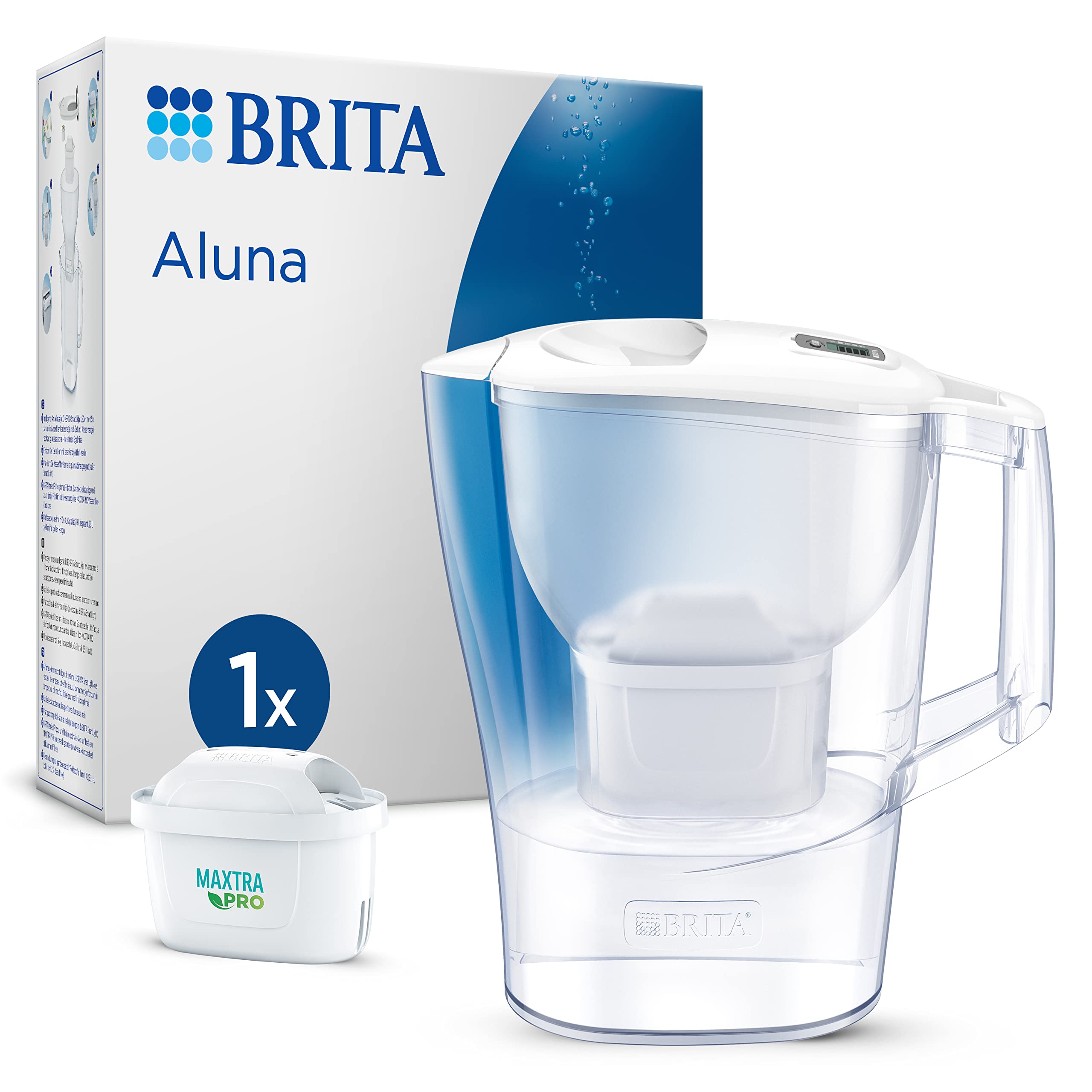 BRITA Aluna Water Filter Jug White (2.4L) incl. 1x MAXTRA PRO Pure Performance cartridge - fridge-fitting jug with digital LTI - now in sustainable Smart Box packaging