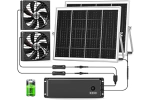 Pqins 7.1" Solar Fan with Battery, 25W x 2 Large Solar Powered Rechargeable Fan Outdoor Waterproof, 25600 mAh Battery Exhuast or Intake Fans for Chicken Coop Greenhouse Dog Shed Ventilation Cooling