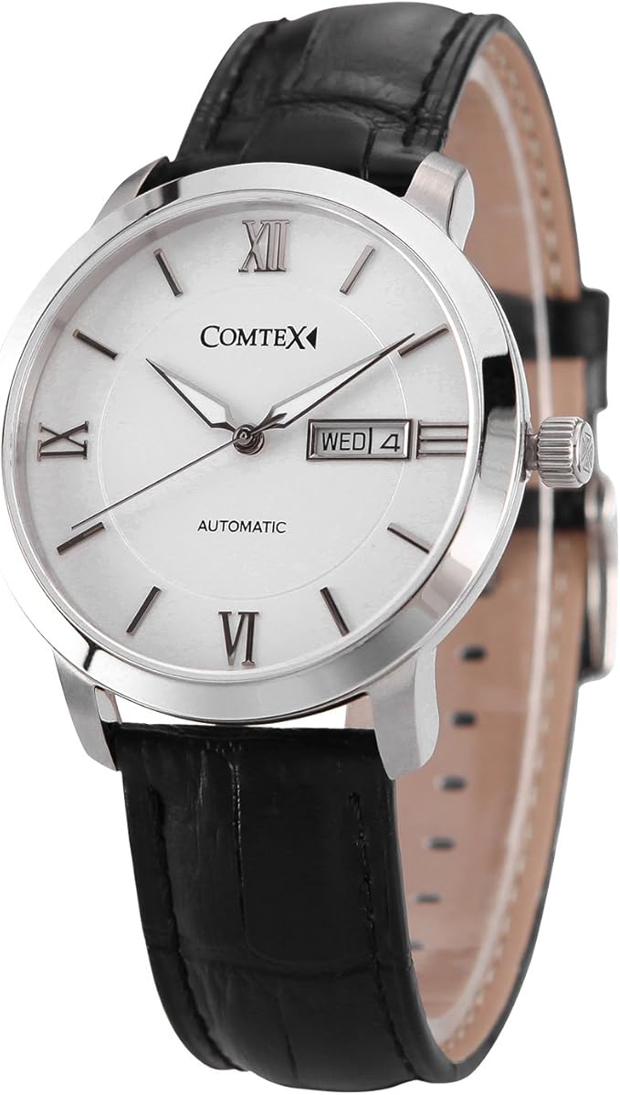 Comtex Men's Automatic Watch with White Dial and Black Leather Strap