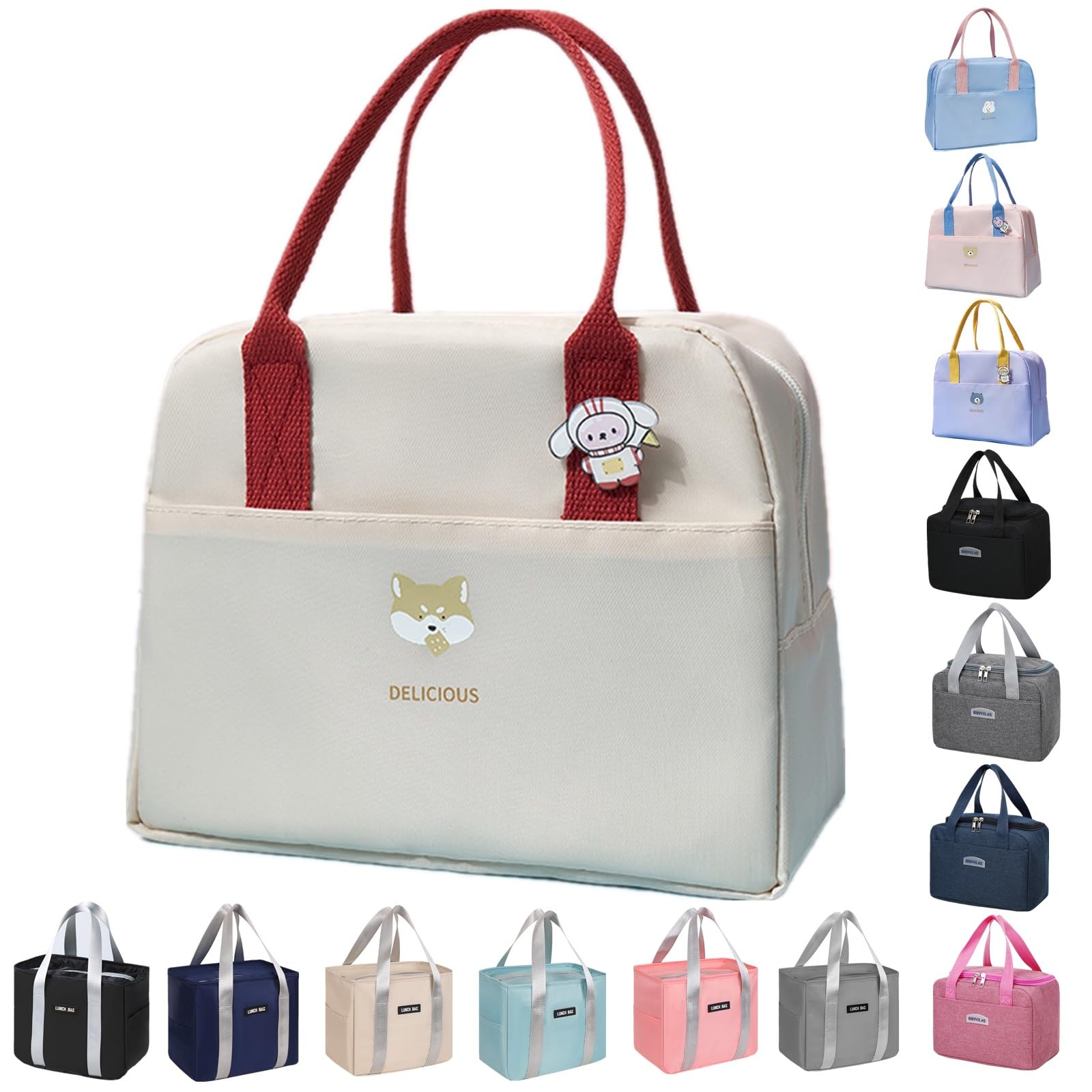 WUWYOUWL Lunch Bag, Cute Carton Insulated Lunch Box, Reusable Lunch Cooler Bags Waterproof Lunchbag Foldable Lunch Bag for Women, Men, Kids and Students Travel Picnic School (Beige)