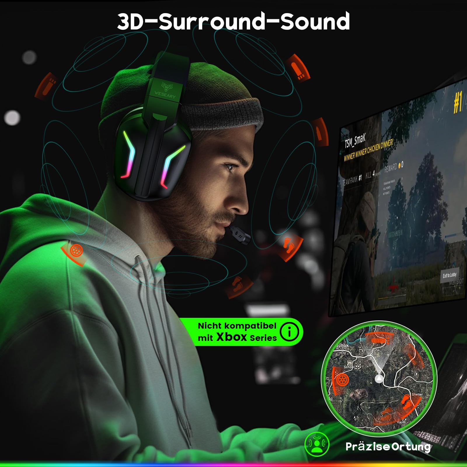 WESEARY WG1 Bluetooth Headset, 2,4G Wireless Gaming Headset mit Mikrofon für PS5, PS4, PC, Switch, Mac, Faltbarer Surround Sound Noise Cancelling Kopfhörer mit LED Licht, Über 50 Stunden Akkulaufzeit 3