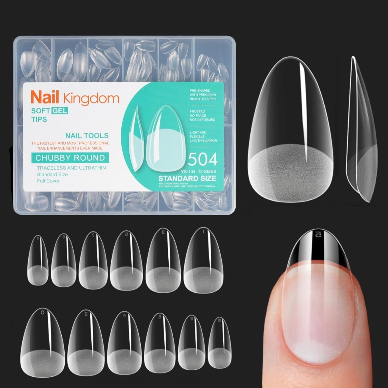 Luonaa 504Pcs Soft Gel False Nails Almond Short Transparent Nails for Full Coverage in Salons and DIY, 12 Sizes