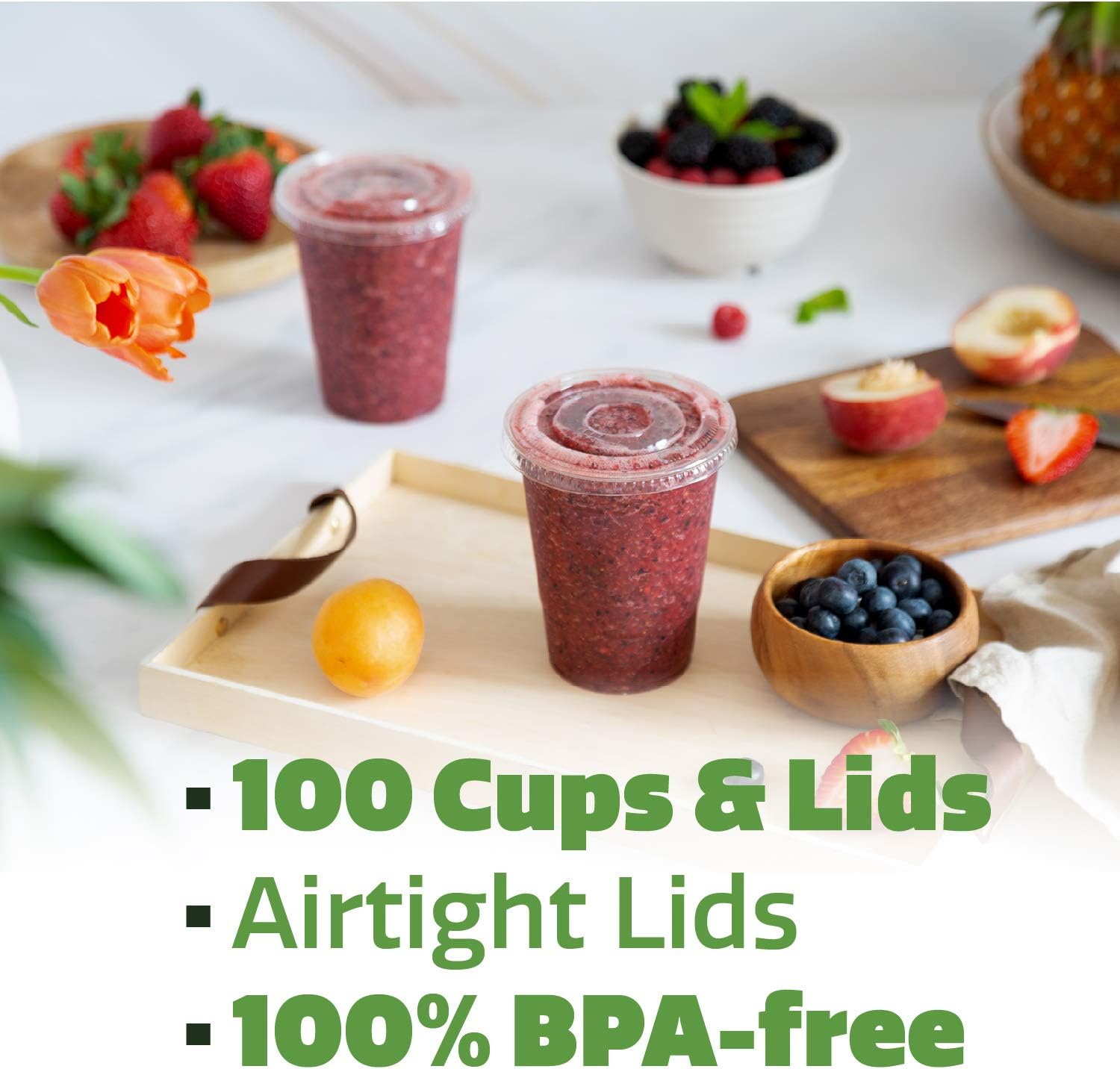 [100 Sets - 16 oz.] Plastic Cups With Flat Lids: Kitchen & Dining