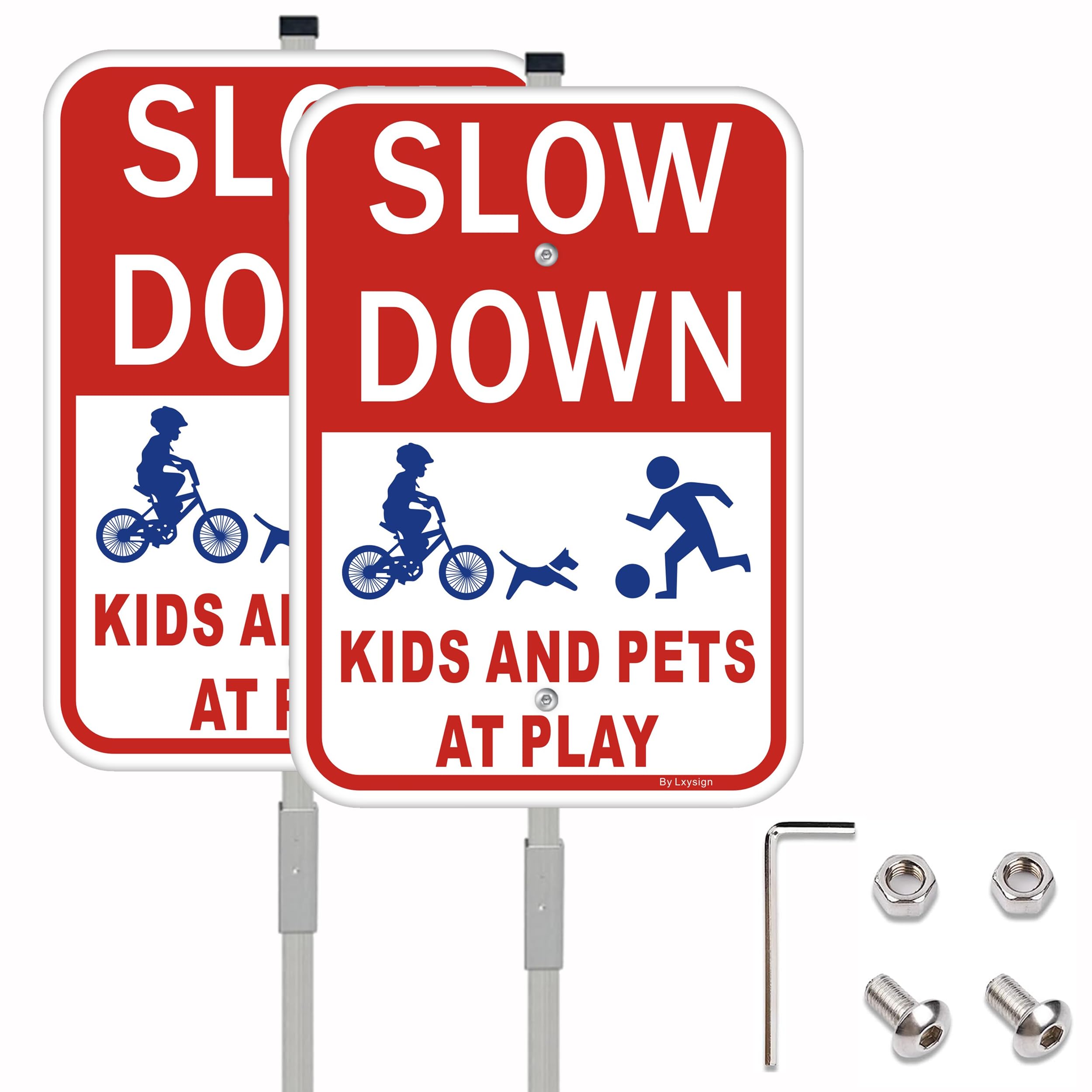 Photo 1 of (2Pack) Slow Down Signs?Kids Playing Sign with Stake for Street - Children at Play Safety Signs with 36 Inches Metal Stakes & 14"×10" Reflective Aluminum Sign, Fade Resistant, water proof/weather proof, Easy to Install