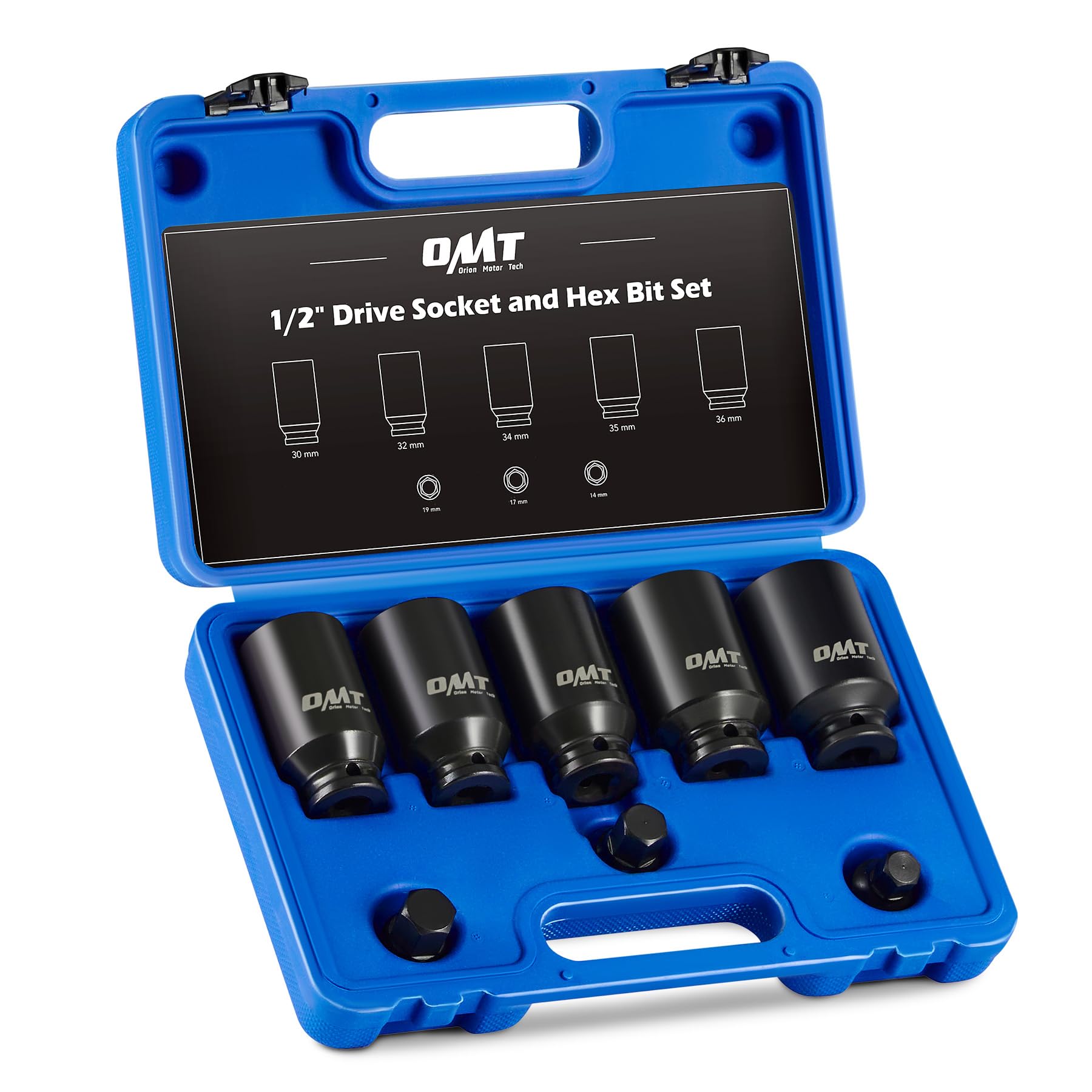 Orion Motor Tech 8pc Axle Nut Socket Set, 1/2 in Drive 12 Point Axle Nut Impact Socket Set with 6 Point Hex Bit Sockets, Extra-Deep Sockets with Storage Case, 14mm 17mm 19mm, 30mm 32mm 34mm 35mm 36mm