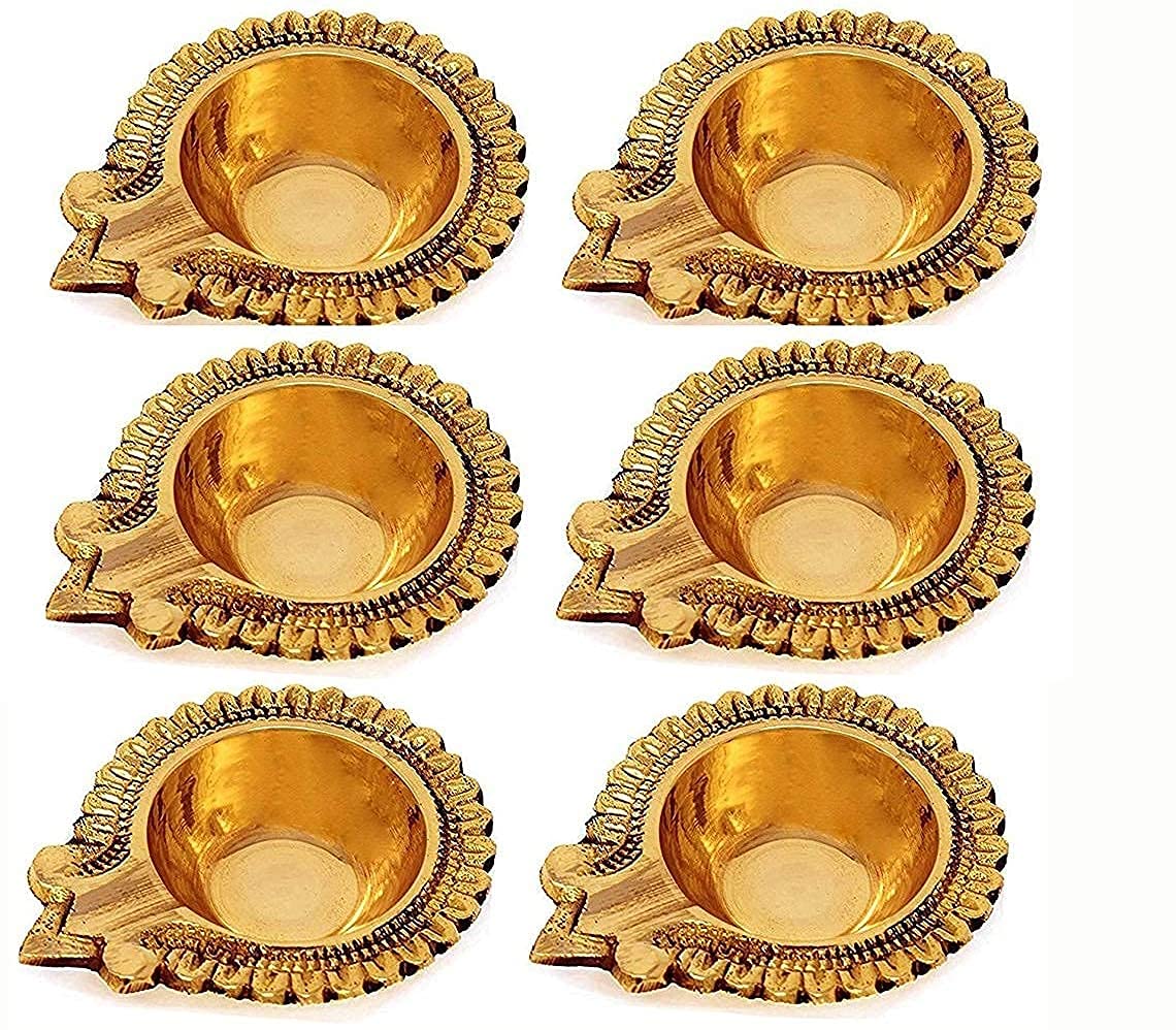 Craftsman 100% 6 Pc Set of Pure Virgin Brass Diwali Diya Indian Pooja Oil Lamp - Golden Engraved Design 2.8 Inch.Traditional Oil Lamp Indian Gift Items.